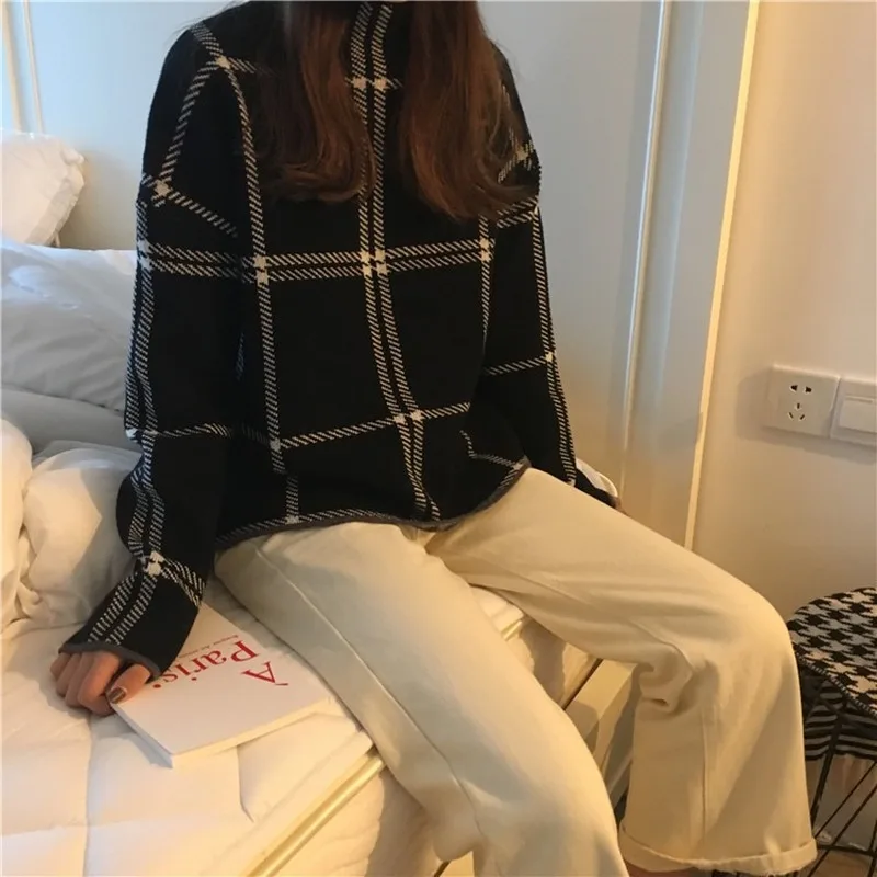 Korean version of turtleneck sweater women Western style plaid all-match simple loose knit sweater top fashion all-match