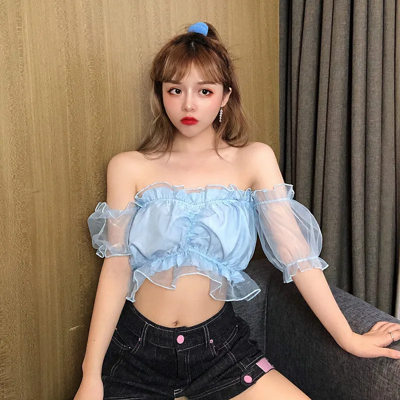 

2020 Summer Mesh Short Sleeve Sexy Word off-Shoulder Strapless Crop Short Sheath Blouse Top