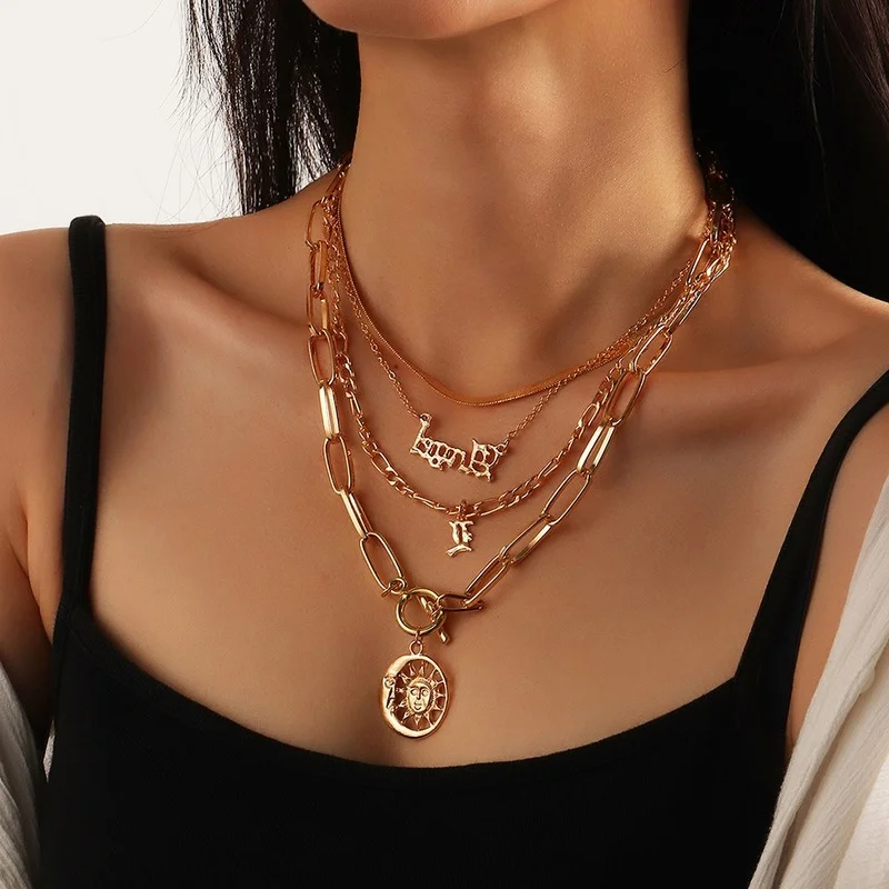 

4x Multilevel Snake Thick Chain Necklace Set Vintage Retro Sun Moon Angel Pendant Clavicle Chain Necklace Birthday Party Jewelry