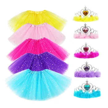 

1-3T Newborn Baby Girls Star Glitter Dance Tutu Skirt For Girl Sequin 3 Layers Tulle Toddler Kids Pettiskirt Chiffon + Crown