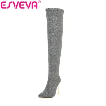 

ESVEVA 2020 Thin High Heel Women Over The Knee Boots Slip On Solid All Match Bling Classic Elastic Motorcycle Boots Size 34-43