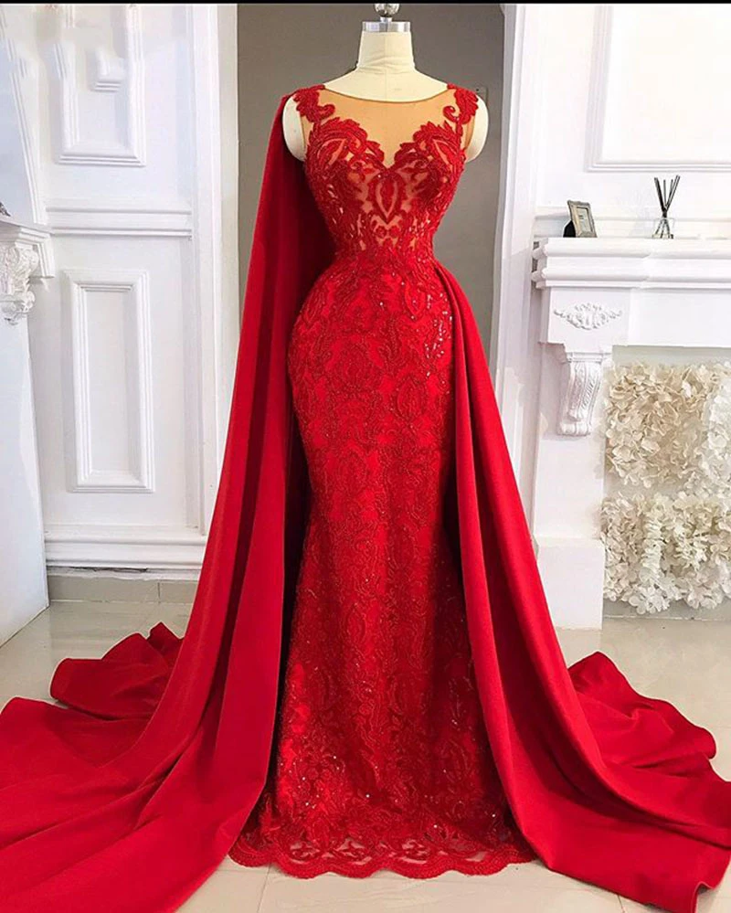 Red Formal Dress Evening for Woman Plue Size 2021 Mermaid Satin and Lace Beaded Saudi Arabia Dubai Prom Evening Gown With Shawl long sleeve formal dresses