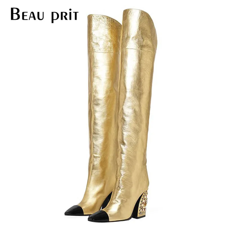 

Vintage Crystal Pearl Heels Over The Knee Boots Women Knee High Boots Gold High Heels Winter Shoes botas mujer invierno 2019