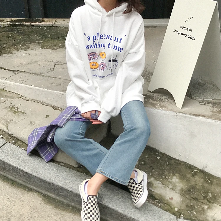 Harajuku, женские повседневные толстовки, корейские, милые, с мультяшным принтом, с длинным рукавом, свободные свитшоты, для женщин, s, осень, зима, пуловер с капюшоном