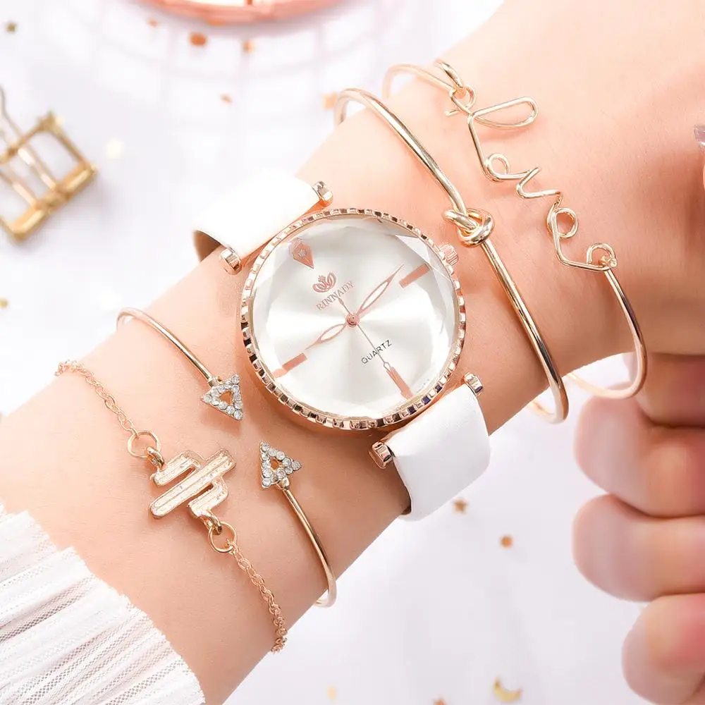 5pcs Set Top Style Fashion Women's Watch Luxury Leather Band Analog Quartz WristWatch Ladies Watch Women Dress Relogio Mujer