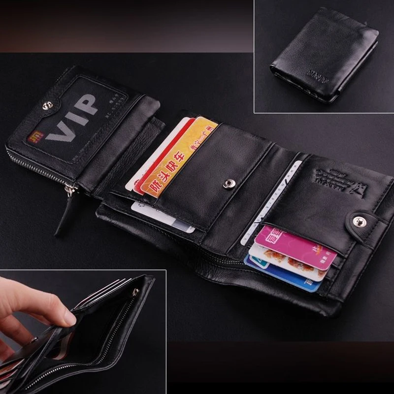 Newest Men Short Wallet Genuine Cow Soft Leather Trifold Wallet Money Credit Card Holder Zip Coin Purse Multifunctional Wallets