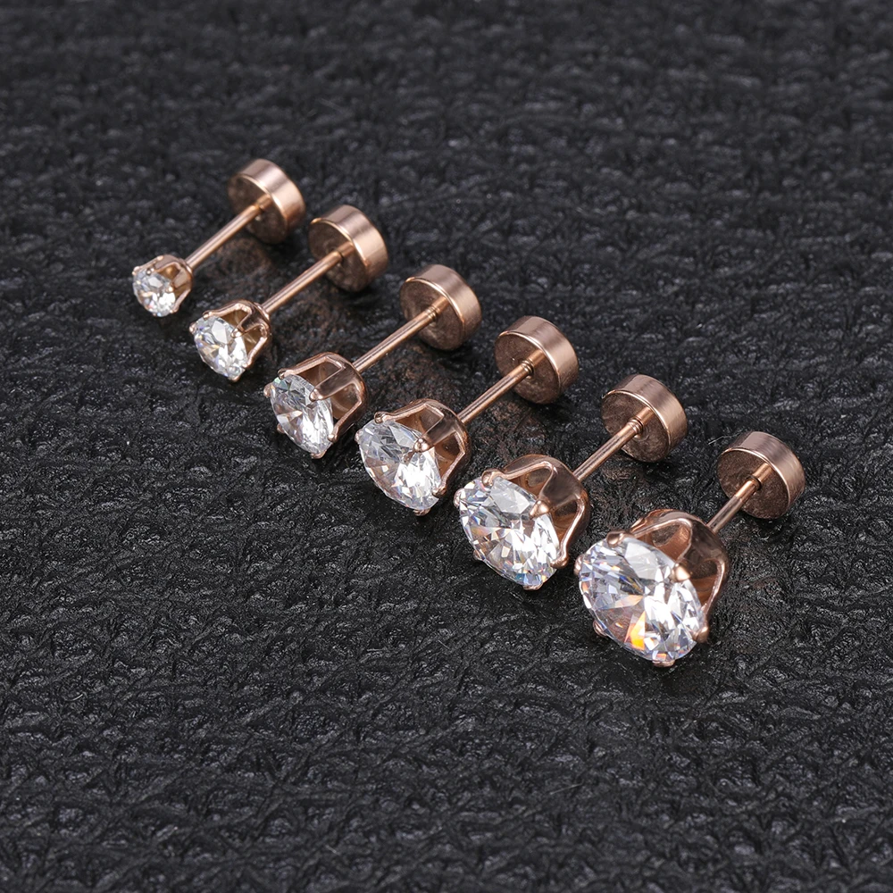 ZEMO, 6 пара/лот, 3-8 мм, 316L, нержавеющая сталь, сережки-гвоздики с кристаллами, набор с большим цирконием для женщин, стразы, розовое золото, серьги-гвоздики