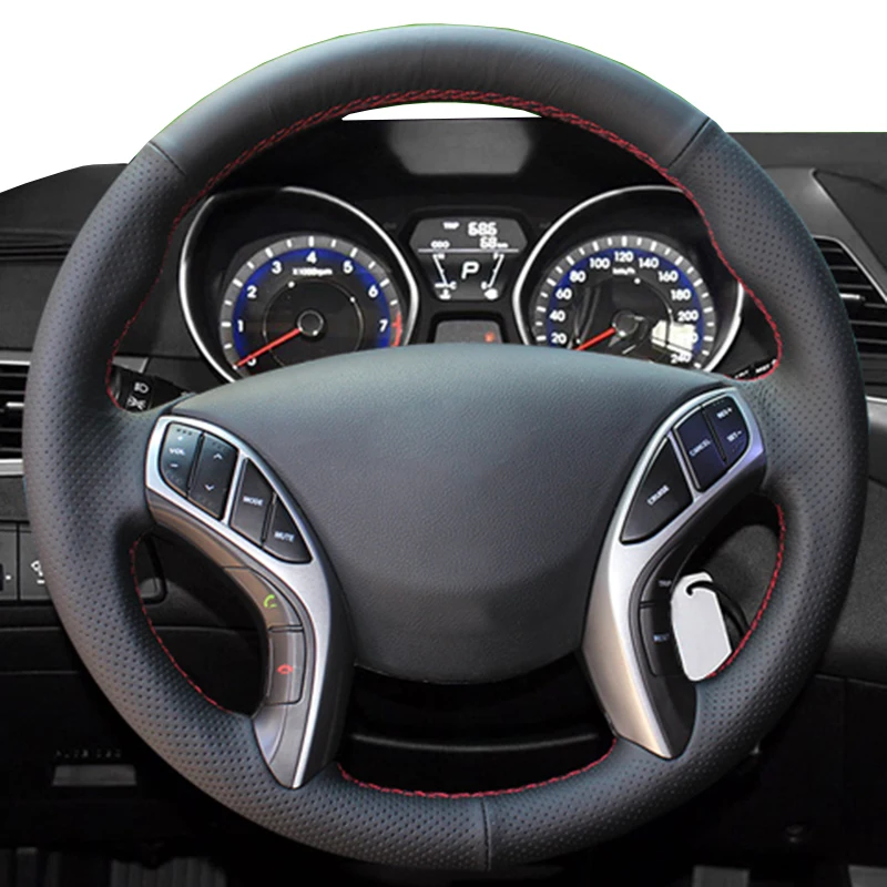 DIY hand-ched black genuine leather braid steering wheel cover accessories for Hyundai Elantra 2011- Avante I30 2012