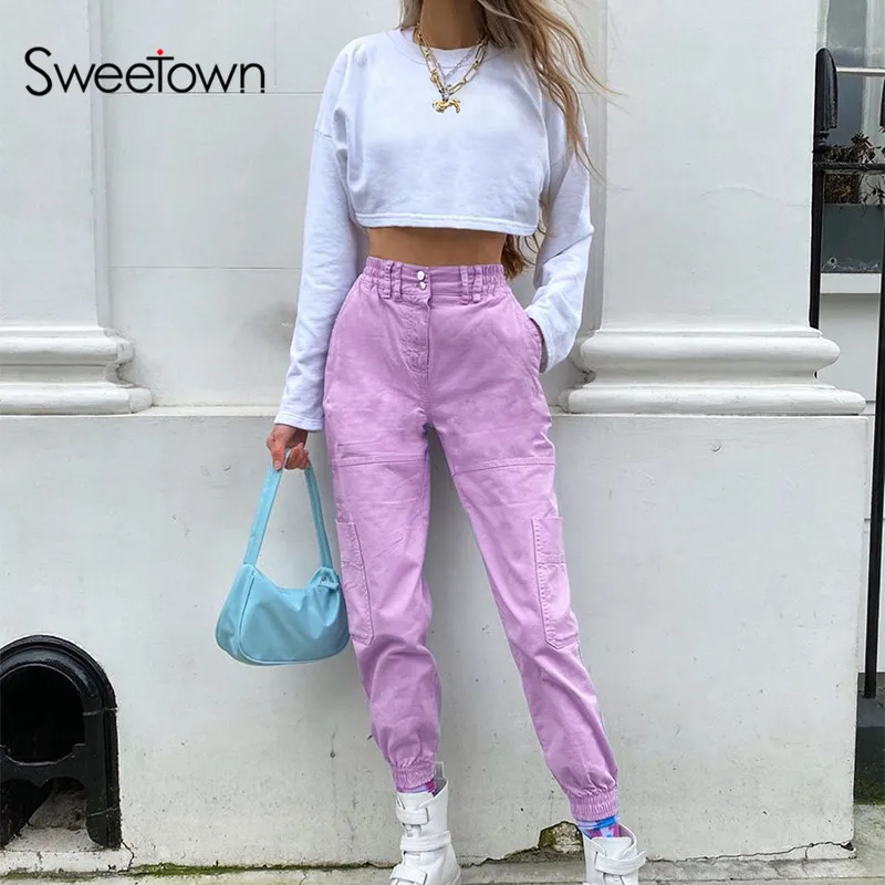 Sweetown Purple Solid Hip Hop Harem Pants Women Cargo Pants Fashion Korea Streetwear Outfits Elastic High Waist Trousers Pockets Sweetown Purple Solid Hip Hop Harem Pants Women Cargo Pants Fashion Korea Streetwear Outfits Elastic High Waist Trousers Pockets