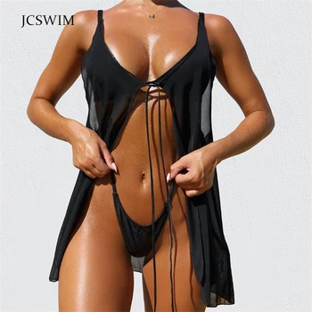

Sexy Thong Bikini Swimwear Women 2020 Summer Mesh Swim Bathing Suit Women Three Pieces Bandage Micro Swimsuit Female Biquini Set