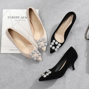 

2020 spring new high heel women fashion simple elegant rhinestone decoration pointed toe suede comfortable casual high heels