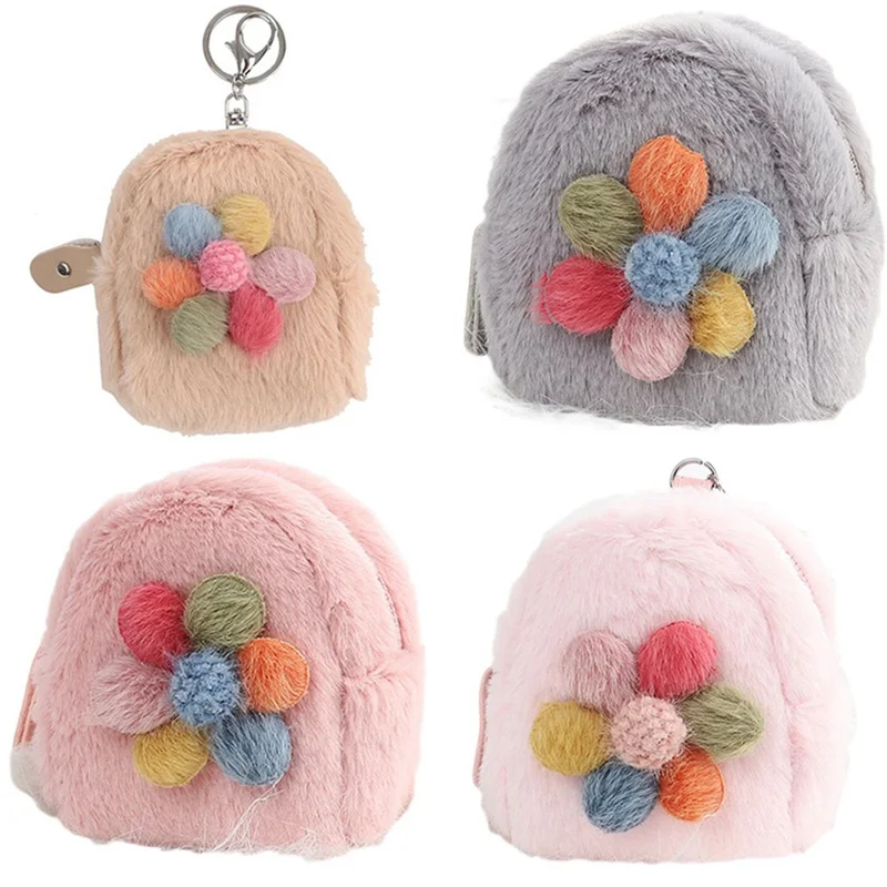 1Pcs Plush Wallet Girl Faux Fur Plush Bag Girl Princess Bag Female Decorative Flower Ball Plush Purse