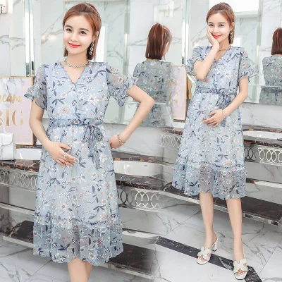 

2019 Summer Pregnant Women Dress Korean-style New Style Real Silk Crepe Floral-Print Short Sleeve Drawstring Long Skirts Pregnan