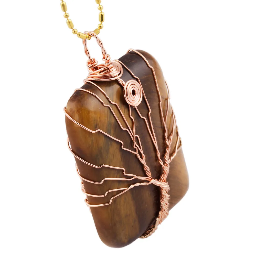 

TUMBEELLUWA Gold Color Wire Wrapped Rectangle Tree of Life Stone Pendant Healing Reiki Chakra Women Pendant For Jewelry Making
