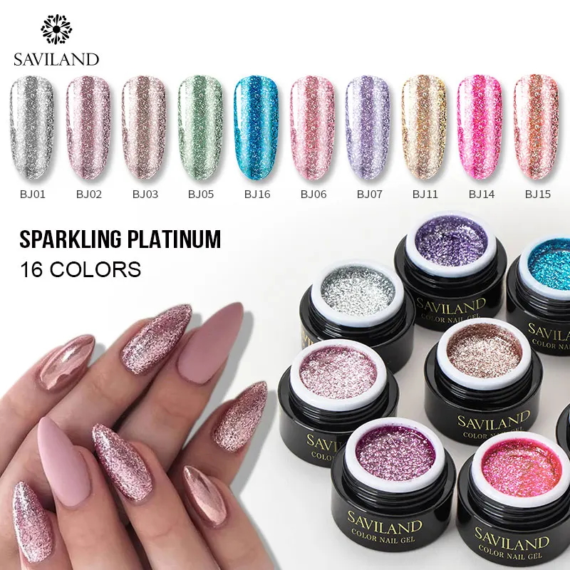 

SAVILAND 16 Colors Sparkling Platinum UV Glue Gel Nail Polish Starry Sky Soak Off UV Gel Long-Lasting Top Base Primer Manicure