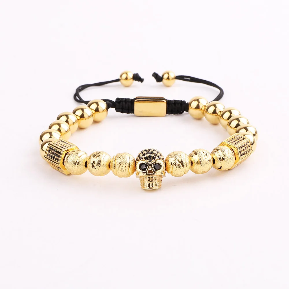 High Quality Men Jewelry Gold Stainless Steel Roman Bangle CZ Skull Charm Macrame Bracelet Set - Image 6