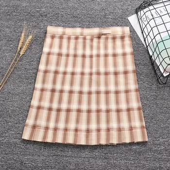 

Candy Light apricot Brown color geometric lattice Pleated skirt + Bow + Tie (Adjust waist. Pocket)