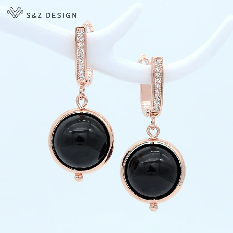 S&Z DESIGN New Trendy 585 Rose Gold Color Natural Round Stone Dangle Earrings For Women Girl Daily Accessories Jewelry