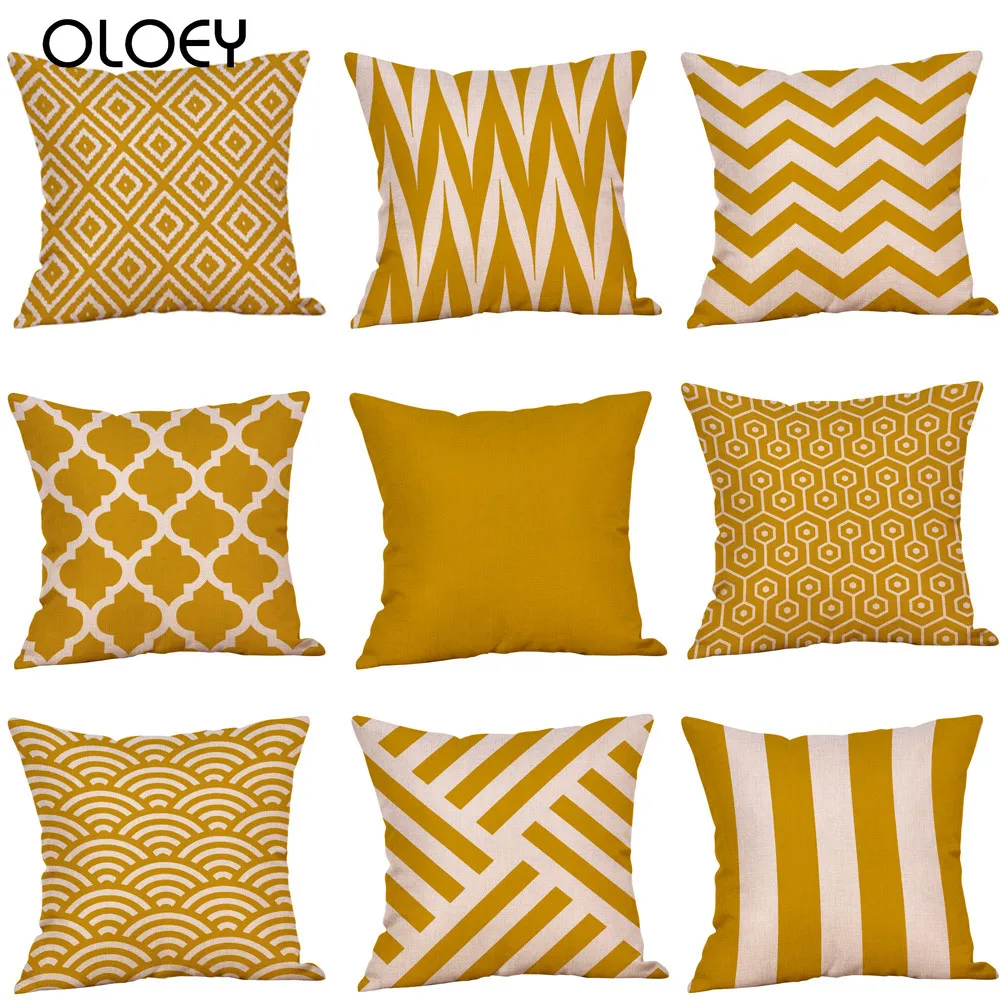 

Multi-color Cotton Linen Mustard Pillow Case Yellow Geometric Fall Autumn Pillow Covers Decorative Cushion Cover 45*45cm