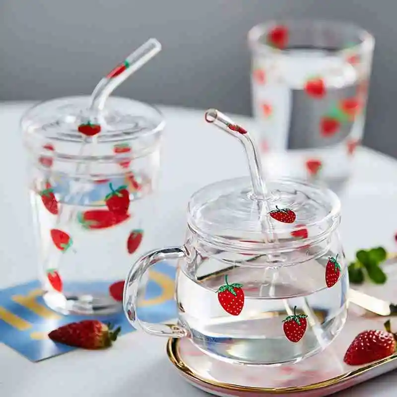 Water Glass with Cute Strawberry Prints Glass Tumbler Cups Straight Milk  Juice Heat Resistant Mug for Kids Girls 350ml 1 Piece - AliExpress