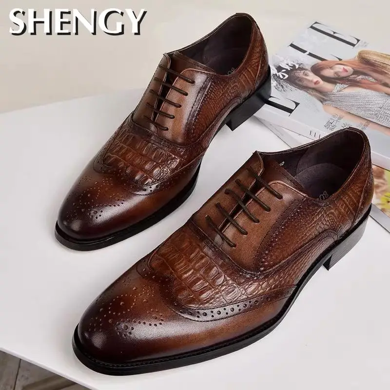 New Crocodile Vintage Fashion Men Shoes Formal Dress Casual Leather Shoes Business Wedding Loafers Designer Brogue Office Shoes - Image 2