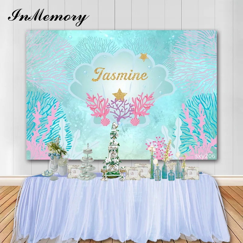 Inmemory Underwater World Child Birthday Party Photography Background Little Mermaid Theme Photo Background Cake Table Decoration