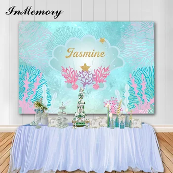 

InMemory Underwater World Child Birthday Party Photography Background Little Mermaid Theme Photo Backdrop Cake Table Decoration