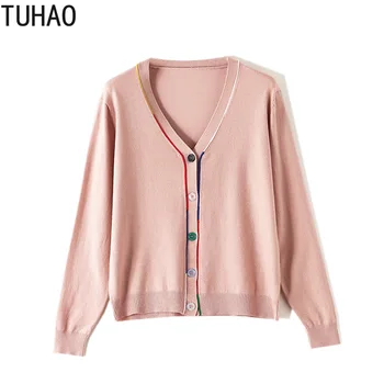

Fall Color Patchwork Striped Buttons Casual Sweater Tops Woman Cardigan Long Sleeve V-neck Knitted Coats Outerwear T93503