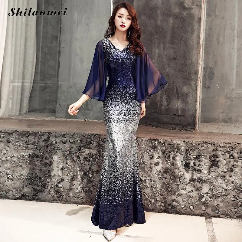 Cape Sleeve Gradient Color Sequin Evening Party Dress Sexy V Neck Vintage Mermaid Long Dresses Elegant Ladies Club Vestidos - Цвет: purple