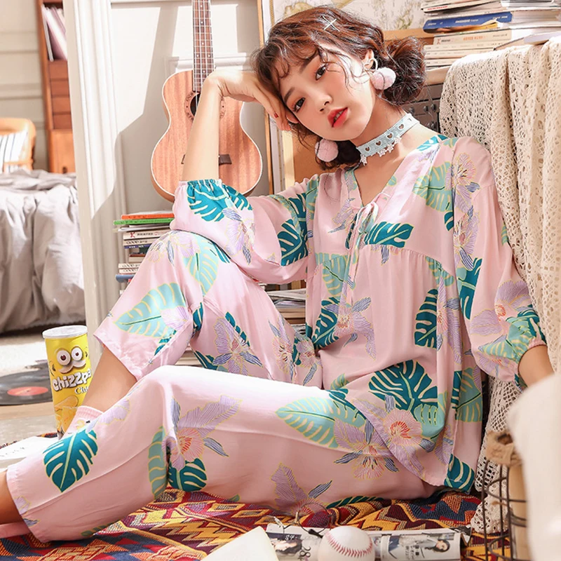 

Pajamas for Women 2019 Spring and Summer New Large Size Pajamas Set Cotton Silk Korean V-neck Sweet Ladies Home Clothes