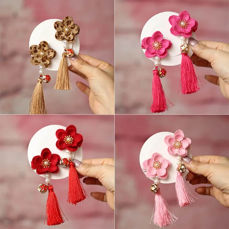 1Set=2pcs Multi style Girls Hair Clips Chinese Traditional Princess Tassels peony Flower Hairpins Children Kids Accessories | Детская