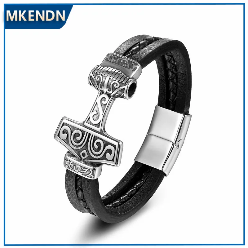 MKENDN-Pulseira de couro aço inoxidável Wolf Thor Hammer para homens, estilo punk, fivela magnética, presente da jóia viking