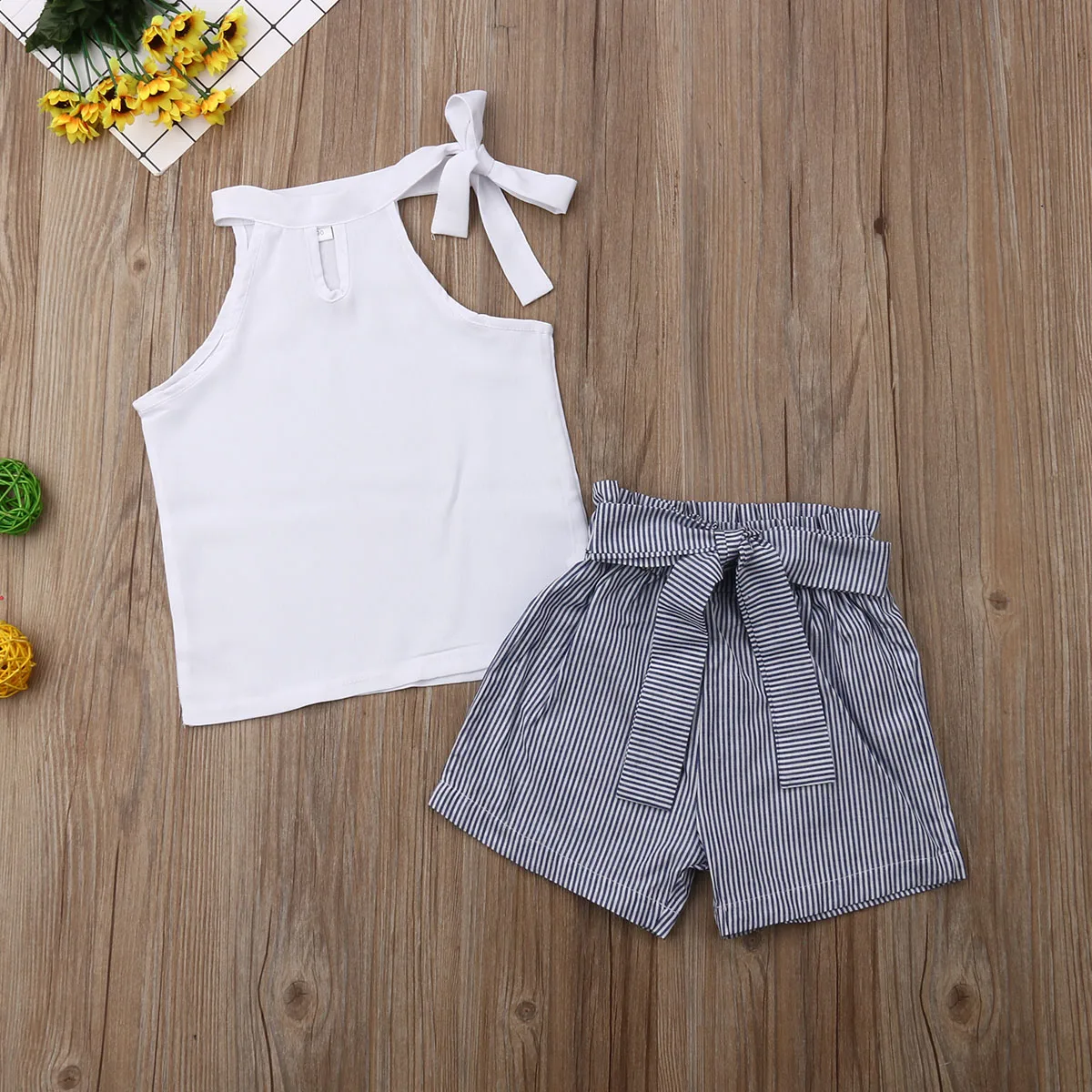 Summer Baby Girl Clothes Sets Sleeveless T-shirt + Striped Shorts Suits 2-7Years