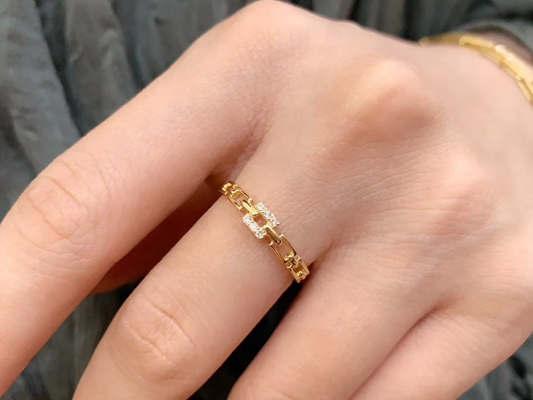 18k sólido amarelo ouro jóias (au750) ins designer corrente anel de diamante estilo minimalista empilhados com placa quadrada pode bisgraved