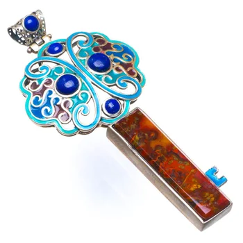 

Natural Crazy Lace Agate,Lapis Lazuli And Cloisonne Key-Shape Handmade 925 Sterling Silver Pendant 3.25" D1536