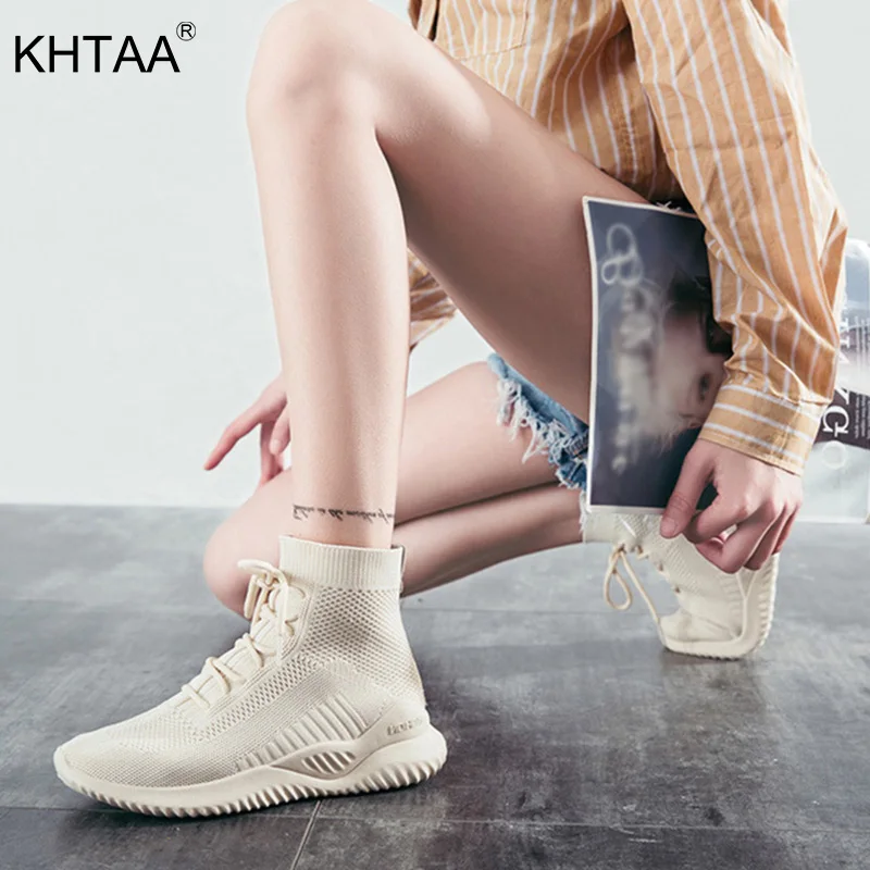 

KHTAA Autumn Women Knitted Sneakers Socks Shoes Casual Lace Up Running Shoes Fashion Breathable Lightweight Soft Vulcanized Shoe
