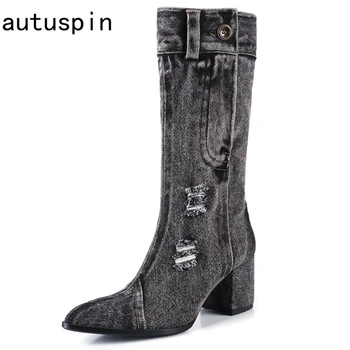 

autuspin Sexy Canvas Women's Boots Winter Autumn Fashion Pointed Toe Denim Western Female Mid-Calf Cowboy Boot Shoes Deep Grey