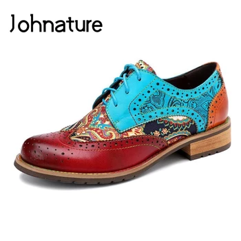 

Johnature Genuine Leather Pumps Women Shoes 2020 New Autumn Ethnic Round Toe Lace-up Retro Sewing Casual Brocken Ladies Shoes