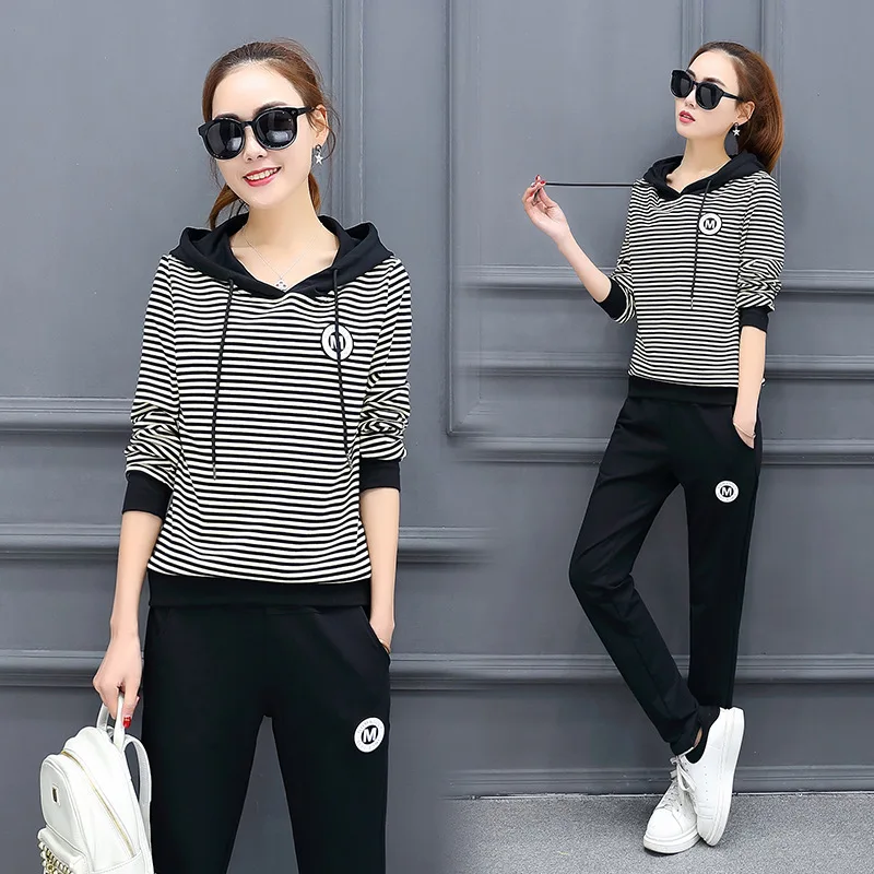 

2018 Spring And Autumn Korean-style Stripes Sports Casual WOMEN'S Suit Hooded Students Hoodie Suit Two-Piece Set