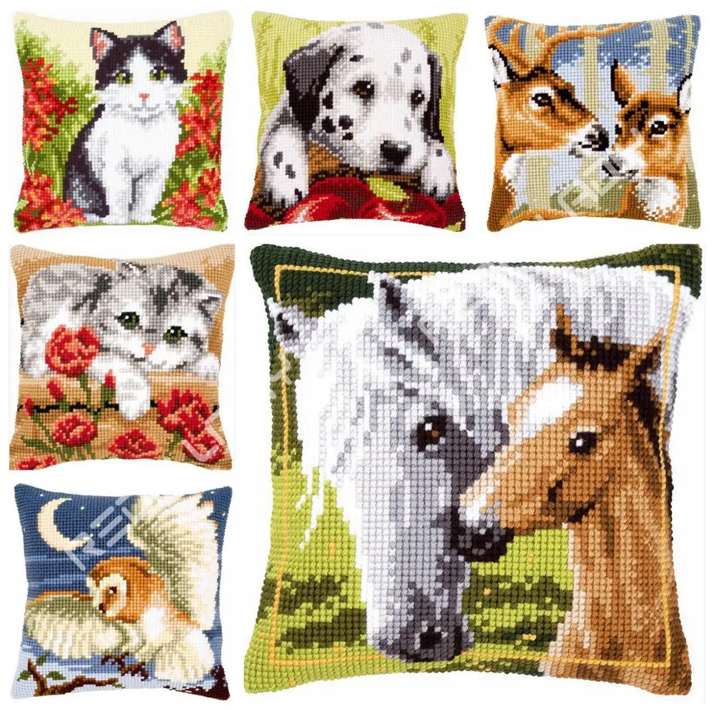 

Cross Stitch Cushion Cover Cat with Flowers Chunky Cross-Stitch Kits 100% Acrylic Yarn Pillow Case Home Decor Hobby & Crafts