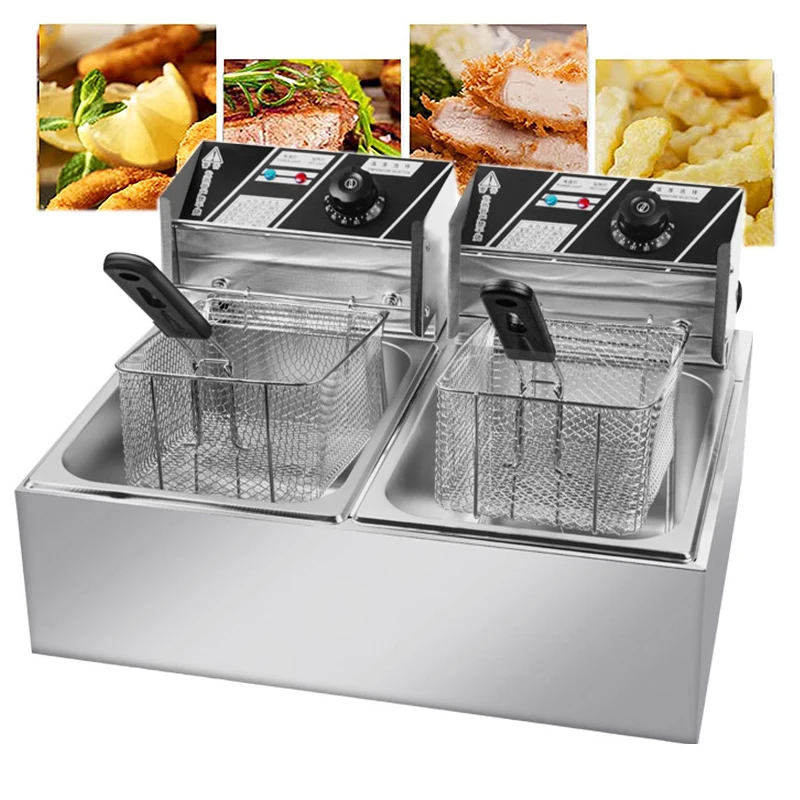 Stainless Steel Electric Deep Fryer Double Oil Cylinder French Fries Frying Machine Fried