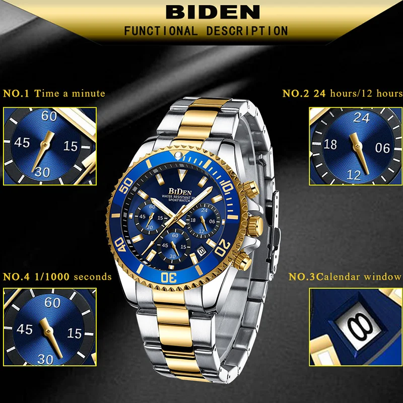 Biden Luxury Mens Watches Sports Chronograph Waterproof Analog Hour Date Quartz Watch Men Fashio-3