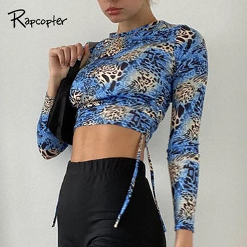 

Rapcopter Leopard Crop Top Full Sleeve T Shirt Ruched Drawstring Tee Top Tie Dye Tee Shirt O Neck Tee Top Streetwear Fall Women