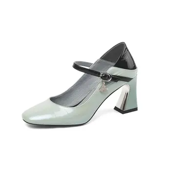 

Comfortable Square High Heel Pumps Fashion Round Toe High Quality Genuine Leather Shoes Buckle Design Women's Pumps