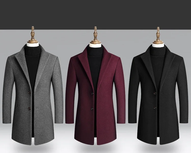 Элегантный осенний Тренч, мужское модное однобортное длинное пальто с отложным воротником, одноцветное шерстяное пальто для мужчин размера плюс M-4XL