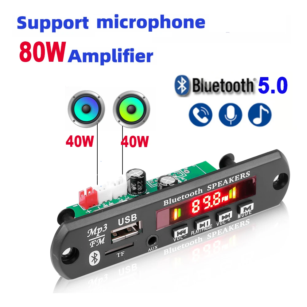 2*40W 80W Amplifier Bluetooth Car FM Radio Module Handsfree With Micro 3.5mm AUX TF/U-Disk MP3 Decoder Board 12V 7-14V PK 2*25W