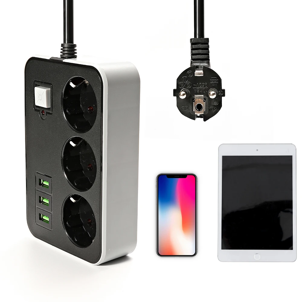Desktop Socket Electrical Power Strip 10A Surge Protector 1.8M Cord EU Plug Adapter Extension 3 AC Output 3 USB Ports 250V