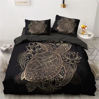 

Classic 3D Bedding Sets Duvet Cover Set Black Quilt Comforter Bed Linen Pillowcase King Queen 265x230cm Size Gold Design Turtle
