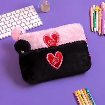 

Kawaii School Pencil Case Cute Heart-shaped Plush Pencilcase For Girl Hairball Pen Bag Large Cartridge Box Stationery Pouch