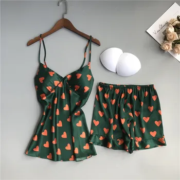 

V-Neck Nightsuits Suit Women 2PCS Pajamas Set Sexy Sleeveless Pyjamas Summer Female Robe Gown Print Backless Negligee Chest Pads